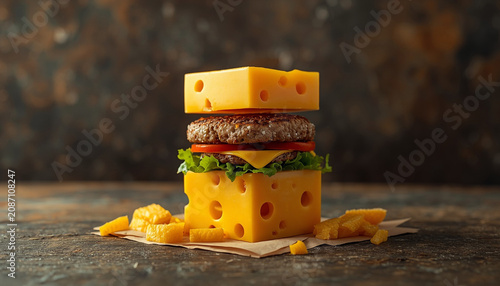 Creative burger stack with cheese cubes