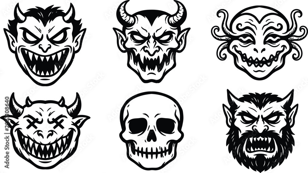 Fototapeta premium Collection of six black and white monster and skull illustrations