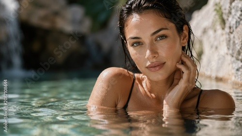 Beautiful Young Woman Relaxing in Crystal Clear Natural Pool Wellness Beauty Portrait