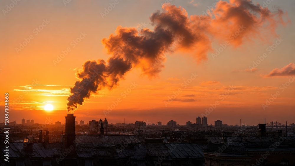 Fototapeta premium Thick Industrial Smoke Rising Above City Skyline at Sunset Air Pollution Concept