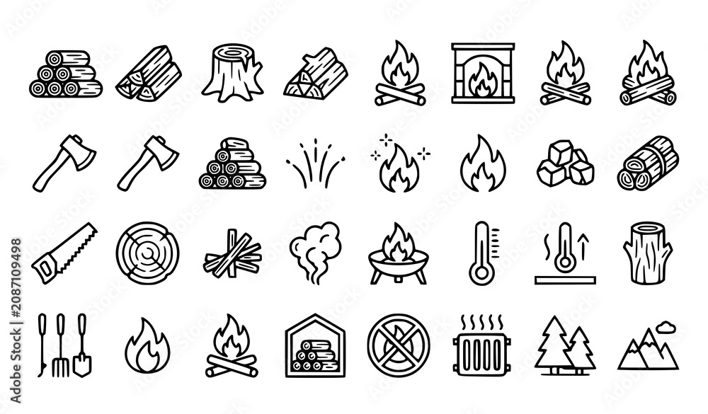 Fototapeta premium Firewood and Campfire Outline Icons Vector Collection