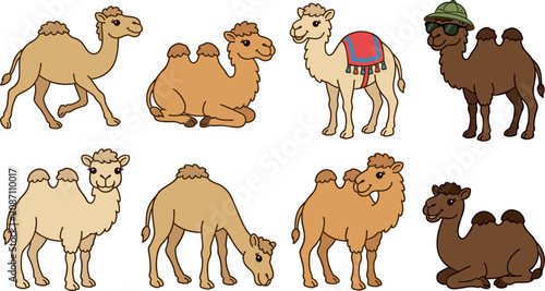 Fotografie Desert camel illustrations collection with adorable single and double hump anima