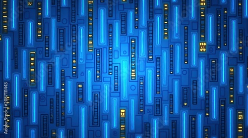 Abstract digital technology background with vertical blue glowing light lines isolated on white background