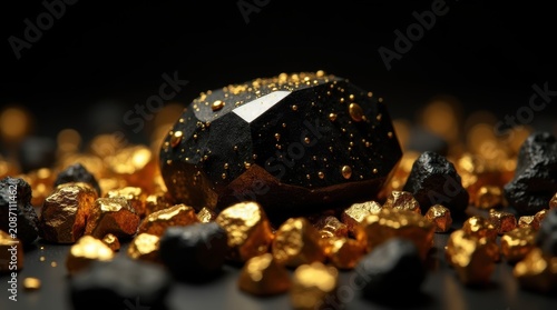 Large black diamond gemstone sitting on a pile of raw gold nuggets isolated on white background