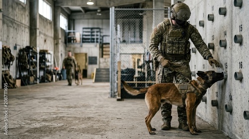 Military handler trains K9 dog to detect scents in a training facility pet animal