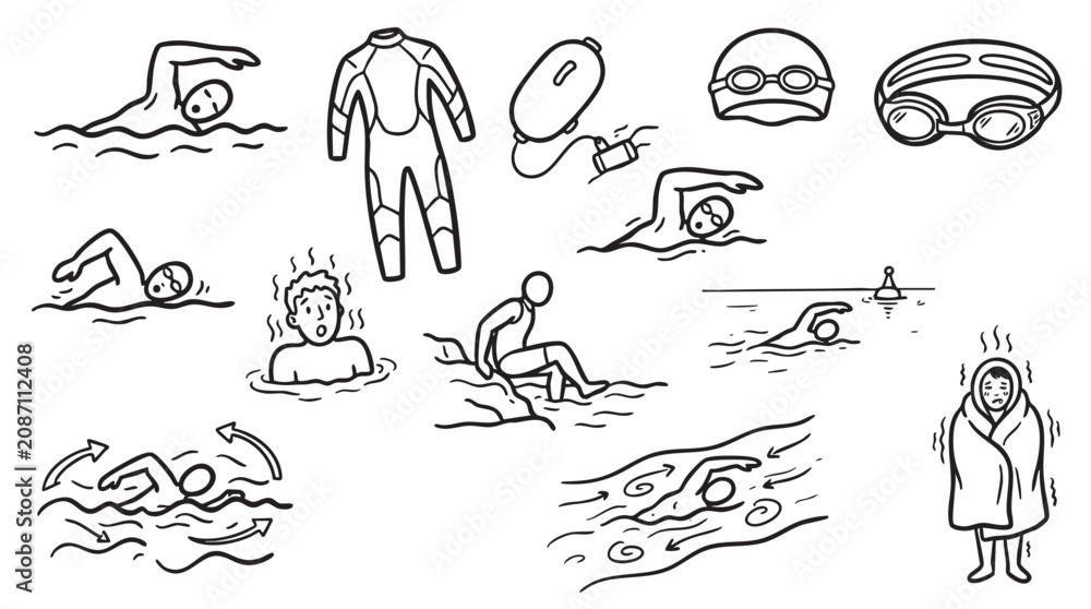 Fototapeta premium Swimming activities and equipment: collection of people swimming and gear.