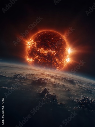 Stunning cosmic view of a massive burning sun rising over the horizon of a planet with detailed clouds and atmosphere in deep space with solar flares and light.