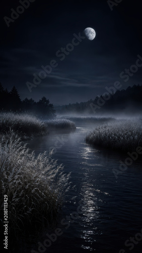 Moonlight reflecting on calm river flowing through grassy marshland