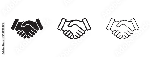 Handshake icons in three different styles for business agreement and partnership concepts  symbolizing unity and cooperation