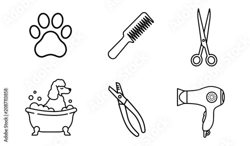 Modern Minimalist Puppy Spa Collection, Flat Animal Styling Clip Art Stamps, Pet Grooming Line Art Set, Dog Salon Care Vector Icons.