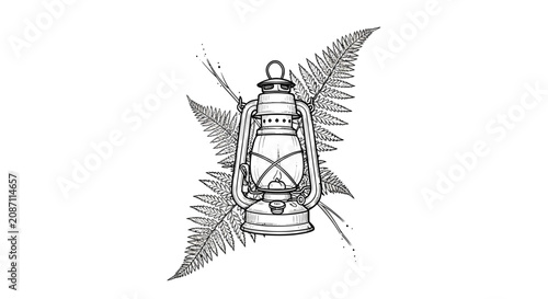 Bild auf Leinwand Kerosene Lamp and Fern Leaves Line Art Illustration