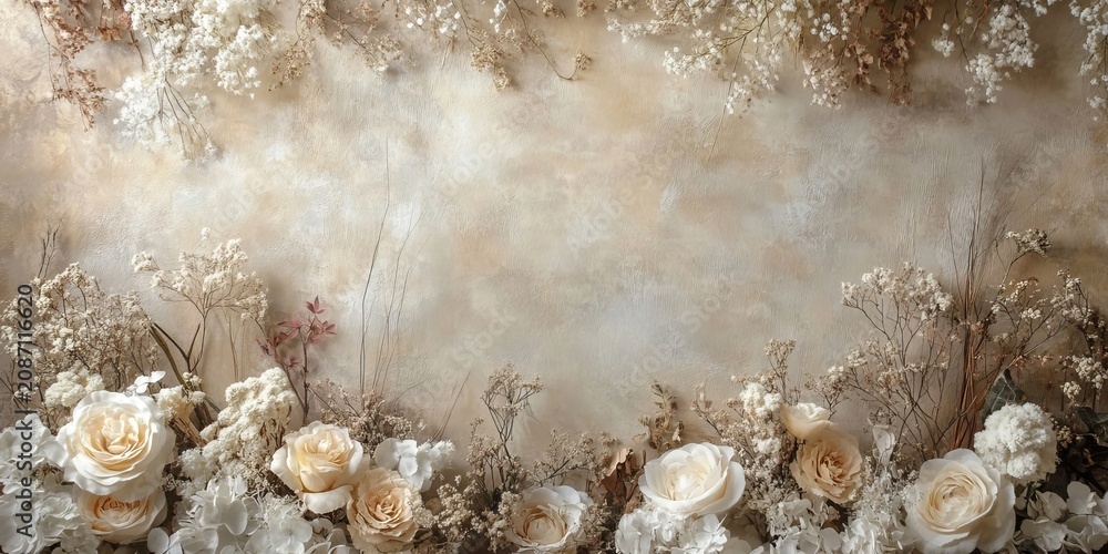 Obraz premium Elegant Neutral Floral Frame Isolated on Textured Background with Dried Grass And Autumn Flowers.