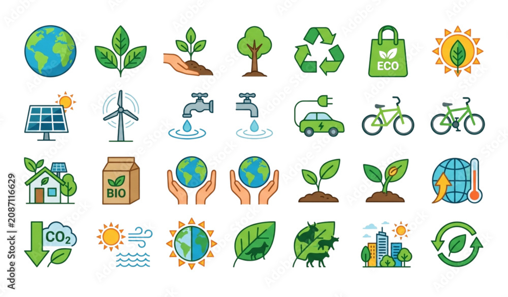 Fototapeta premium Earth Day Flat Icon Set for Eco Friendly Environmental Awareness and Sustainability