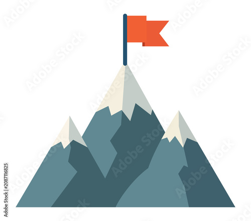 Mountain peak with red flag icon. Vector flat illustration of mountains