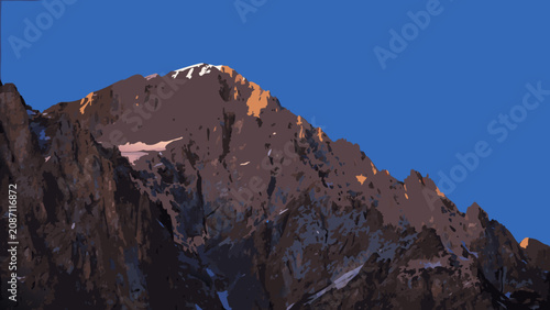 Tablou pe pânză Dramatic mountain peak illustration with snow capped summit against a clear blue