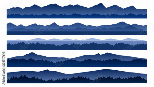 Foto Blue mountain range variations a series of layered silhouettes against a white b