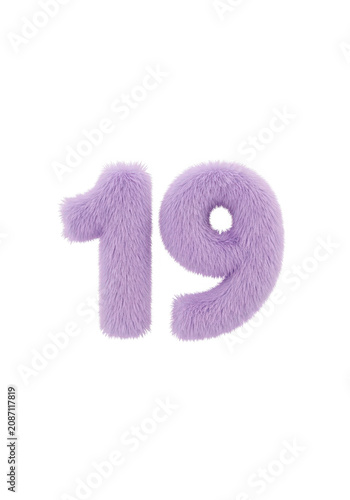 Number nineteen in soft purple color with fluffy texture on plain background