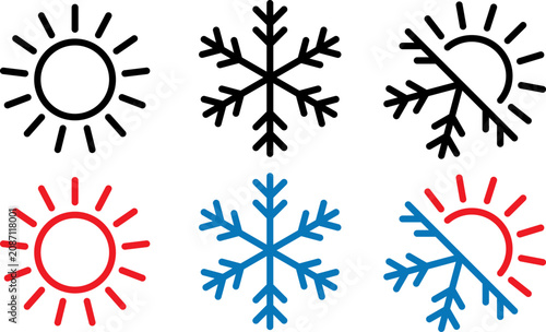 Set of weather icons featuring sun and snowflake symbols in minimalist style