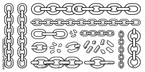 Obraz na płótnie Set of hand drawn black chain links unbroken and broken metal chains doodle style vector illustration