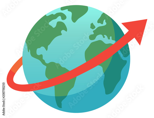 Planet earth globe with arrow icon. Flat illustration.