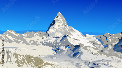 Fotografie Alpine mountain range with a prominent snow capped peak depicted in a stylized v