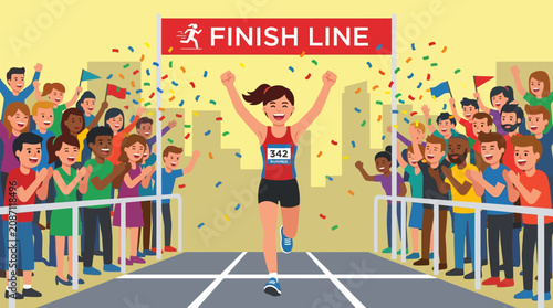 Photos Woman crosses finish line with arms raised in triumph surrounded by cheering cro