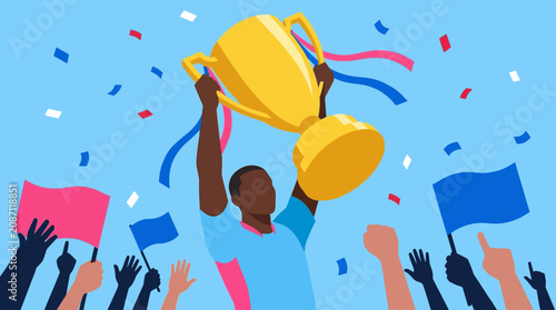 Tablou pe pânză A triumphant man holds a trophy aloft amidst cheering crowds waving flags