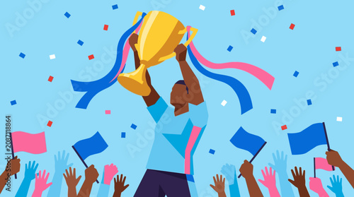 Schilderij op canvas A triumphant athlete holds a trophy aloft amidst cheering crowds waving flags