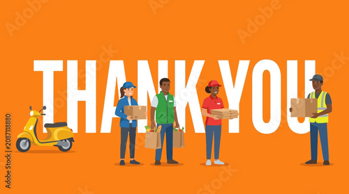 фотографія Delivery team members express gratitude with thank you message beside scooter