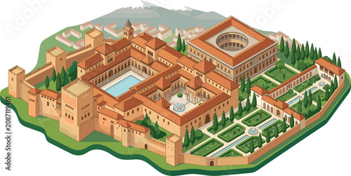 Alhambra palace Granada vector landscape illustration with ancient Spain Moorish fortress and Generalife architecture gardens