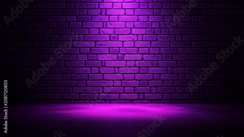 Purple illuminated brick wall background, with a spotlight, effect, dark empty, room interior with, a textured masonry, surface and floor reflection