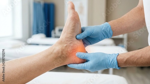 Professional podiatrist in blue surgical gloves examining patient foot heel area with red glowing pain point highlight for plantar fasciitis diagnosis at hospital.