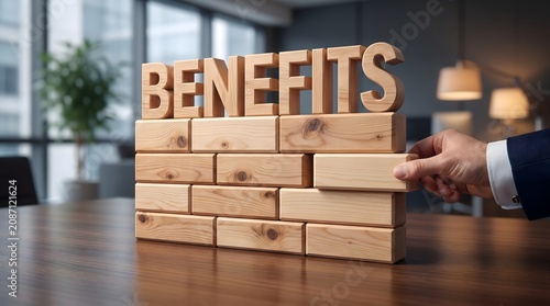 Building benefits with wooden blocks in office setting