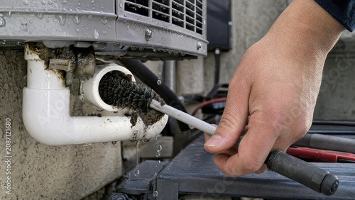 Technician cleaning air conditioner drain line with pipe brush for maintenance