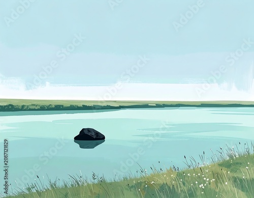 Minimalist horizontal watercolor painting of a serene river