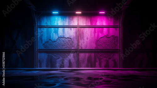 Neon illuminated brick wall with metal frame, blue and magenta light casting reflections on a dark wet ground in an industrial setting