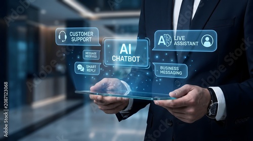 Businessman using AI chatbot interface on digital tablet