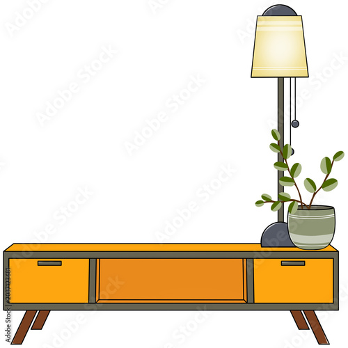 The wooden furniture has drawers, and a lamp and vase are placed on top of it.