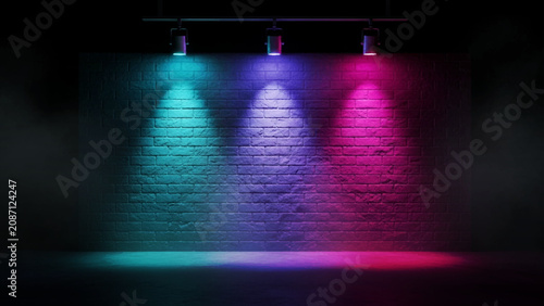 Three spotlights casting cyan, purple, and magenta beams onto a dark, textured brick wall in a dimly lit room with a hazy floor surface