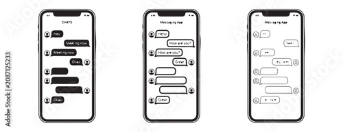 smartphones showing messaging apps with various chat conversations on screens  mobile phones with texting interface  chatting on cell phones