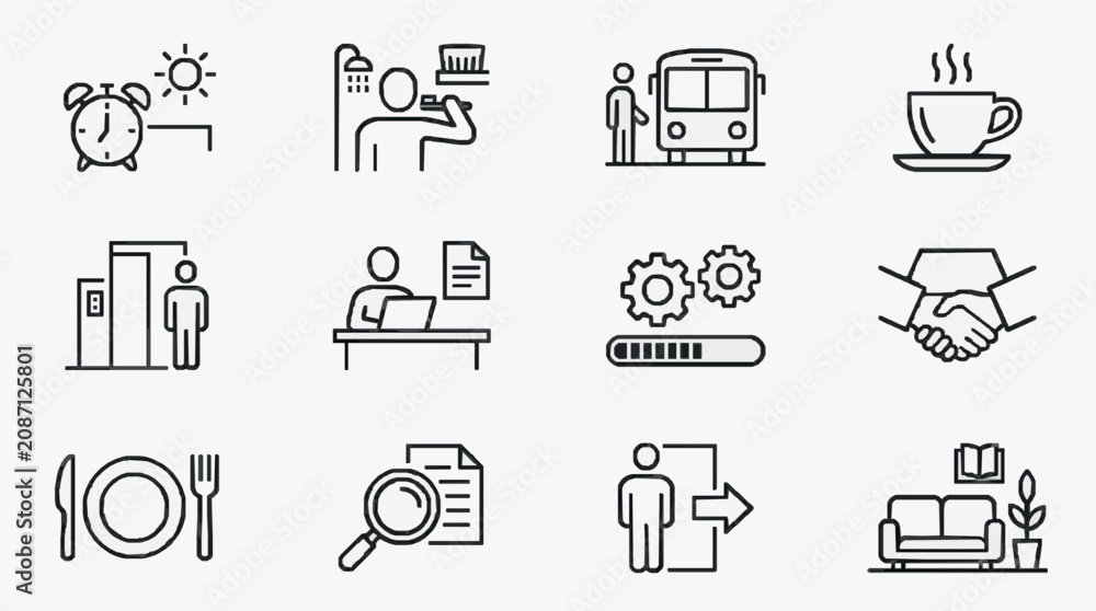 Fototapeta premium Modern Black and White Line Icons Set Featuring Daily Routine Work Travel and Home Life Activities