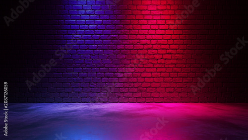Dark brick wall illuminated by blue and red neon spotlights, casting vibrant colored light onto a smooth concrete floor in a studio setting