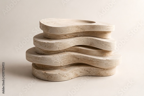 Stacked travertine stone slabs with organic curves a minimalist composition on a neutral background slab shape