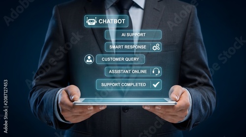 Man in suit holding tablet with chatbot interface and AI support options