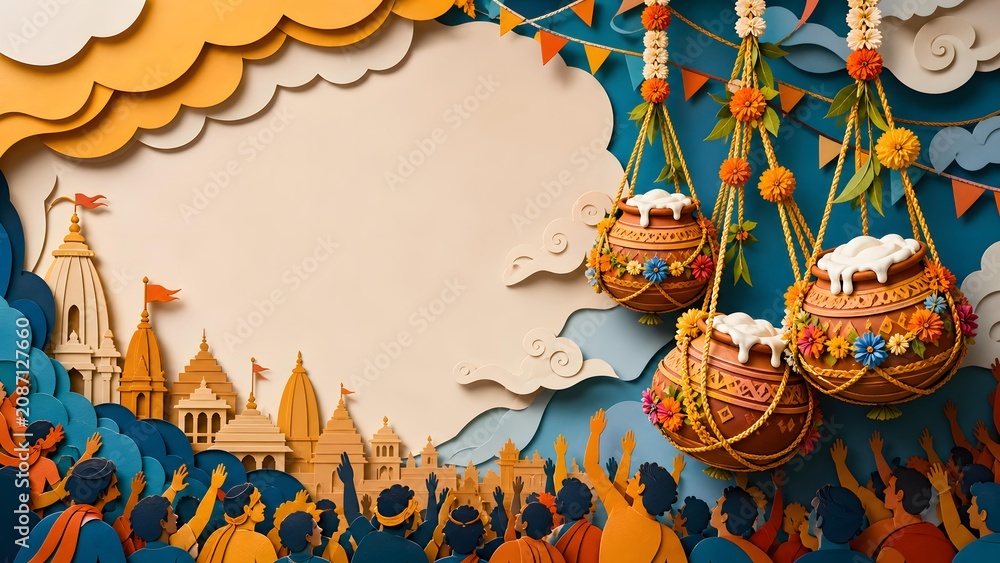Naklejka premium 3D Papercut Dahi Handi Festival Crowds and Hanging Butter Pots Background Banner