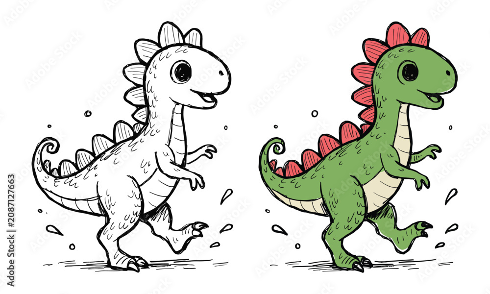 Fototapeta premium Colorful dinosaurs walking side by side Vector, illustration