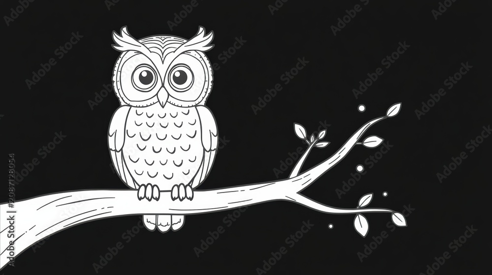 Fototapeta premium Cute cartoon owl sitting on a tree branch line art drawing isolated on white background
