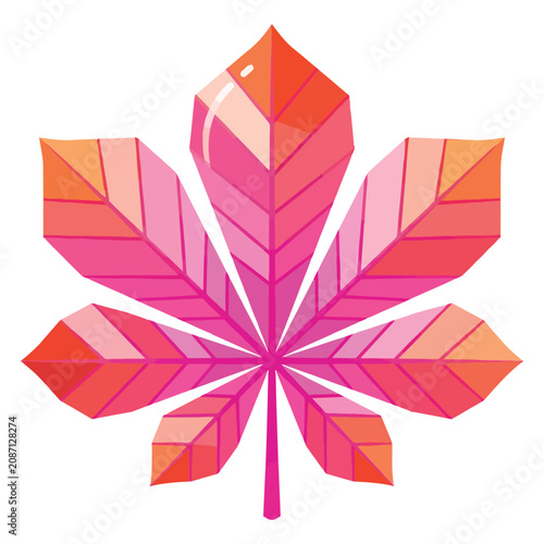 Canvas Print Vibrant stylized vector illustration of a palmate chestnut leaf with striking pink and orange gradient colors, featuring a glossy highlight, isolated on white