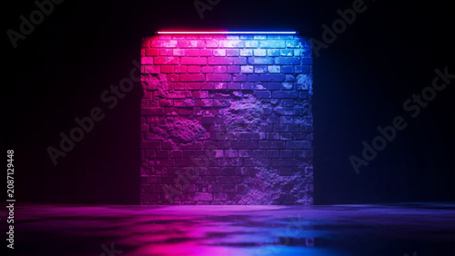 Weathered brick wall illuminated by dual pink and blue neon lights, casting vibrant reflections on a dark, wet ground surface in a studio