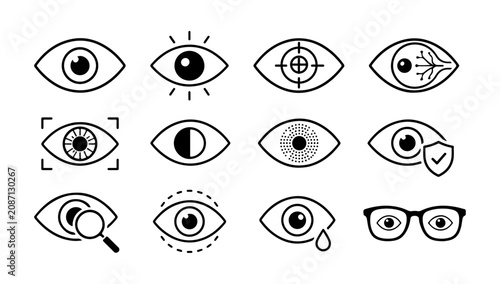 Eye Icon Set ,Vision, Eyesight, Retina Scan and Eye Care Symbols Vector Collection